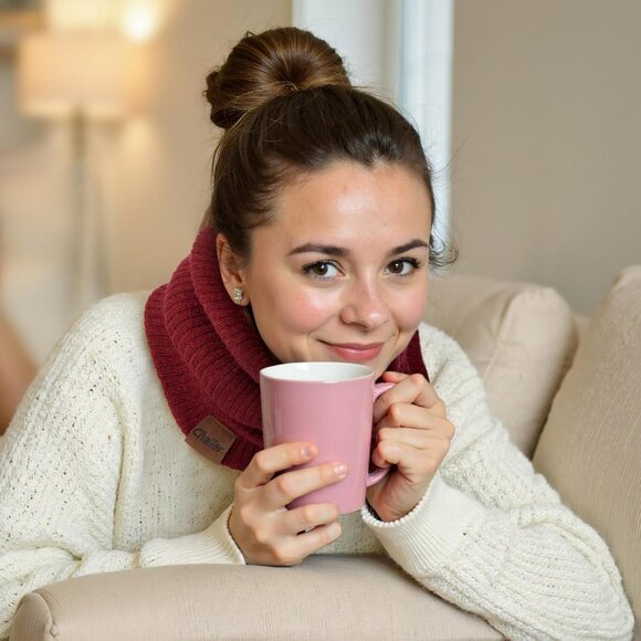 Women's H-black + red Scarf Winter Double-Layer Neck Warmer Knit Fleece - Picture 6 of 7